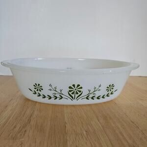 Glasbake VTG 1 QT Oval Baking Dish Green Daisy Pattern Collectible EUC